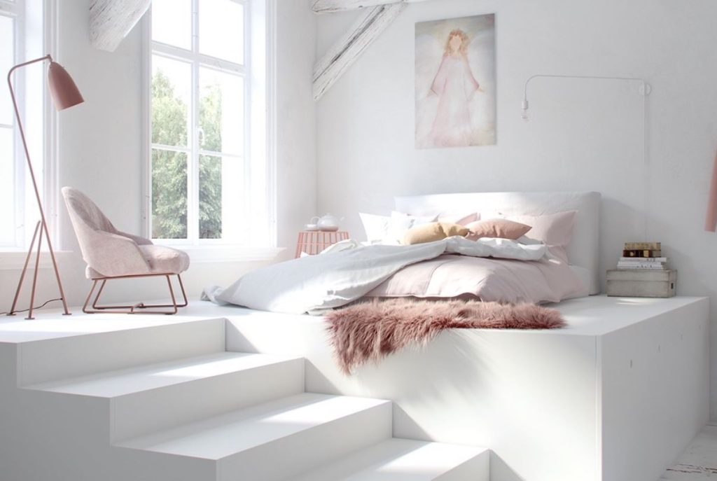 λευκό βαμμένο υπνοδωμάτιο με σκάλες