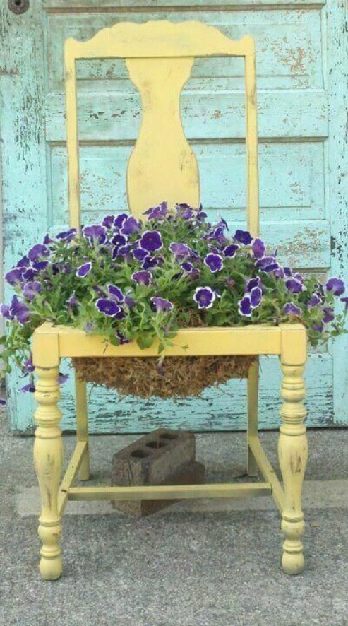 κίτρινη καρέκλα μωβ λουλούδια