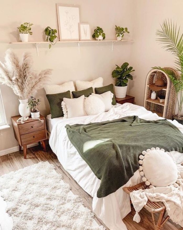 άσπρο κρεβάτι πράσινο ριχτάρι